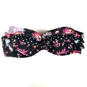 Y2K Victorias Secret 34B Bandeau Bikini Top Flounce Ruffle Floral Black Pink 3MY